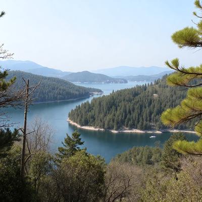 Primary subject: A beautiful lake surrounded by mountains and trees.

Setting/background: The image features a serene lake with mountains in the background and trees lining the shore.

Visual style: The image is a photo of the lake and its surroundings.

Colors and mood: The image has a calming and serene atmosphere, with the blue water of the lake and the greenery of the trees creating a peaceful scene.